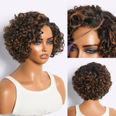 Brown Highlight Water Wave Pixie Cut Glueless Minimalist HD Lace Short Curly Wig