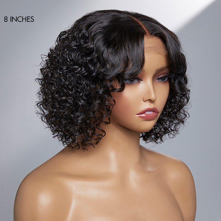 Casual Bouncy Curly 4x4 Closure Lace Glueless Short Wig with Bangs 100% Human Hair