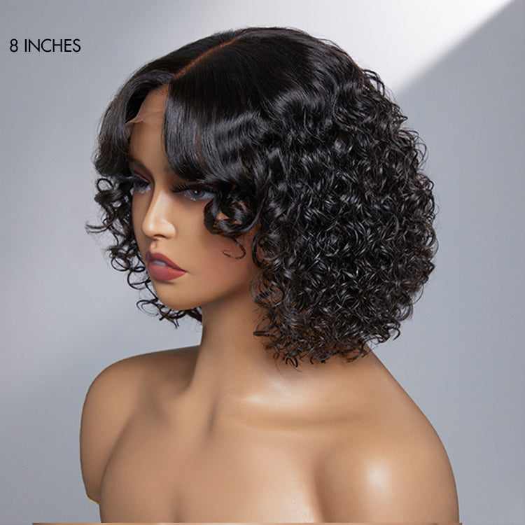 Casual Bouncy Curly 4x4 Closure Lace Glueless Short Wig with Bangs 100% Human Hair