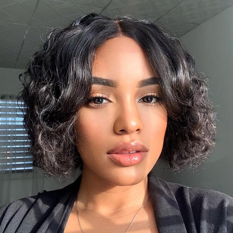 Casual Bouncy Curly 4x4 Closure Lace Glueless Short Wig with Bangs 100% Human Hair