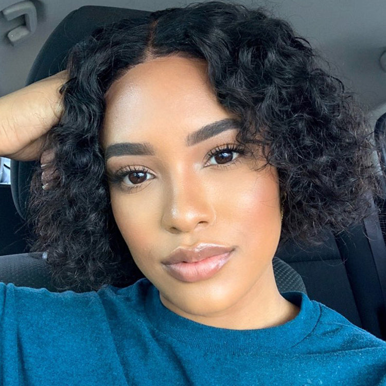 Casual Bouncy Curly 4x4 Closure Lace Glueless Short Wig with Bangs 100% Human Hair
