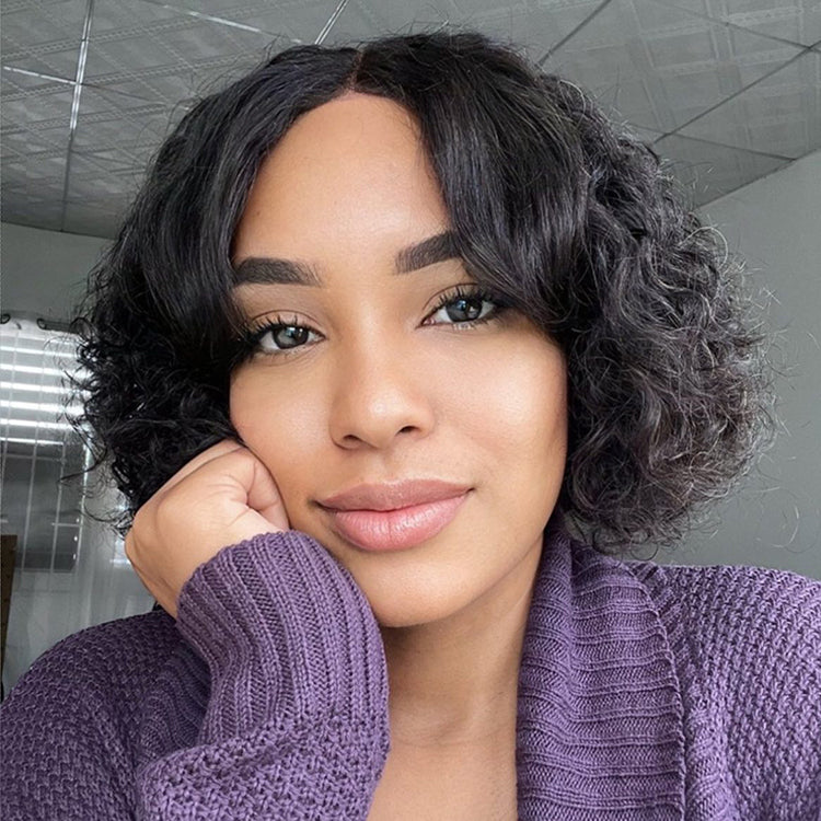 Casual Bouncy Curly 4x4 Closure Lace Glueless Short Wig with Bangs 100% Human Hair