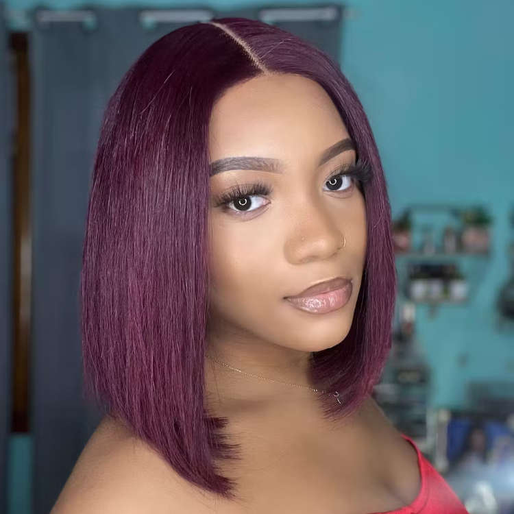Reddish Purple Glueless Blunt Cut Bob 5x5 Closure Wig 100% Human Hair | Easy Install & Effortless