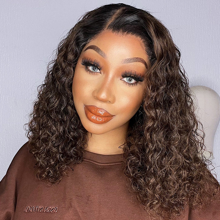 Black to Brown Ombre Bouncy Curly 4x4 Closure Lace Glueless Side Part Long Wig- US Only
