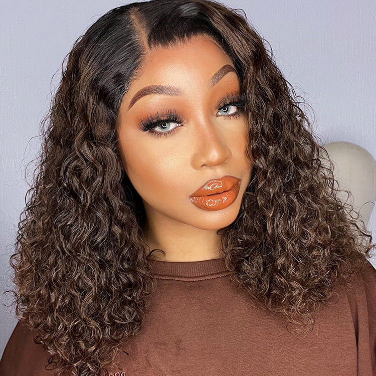 Black to Brown Ombre Bouncy Curly 4x4 Closure Lace Glueless Side Part Long Wig- US Only