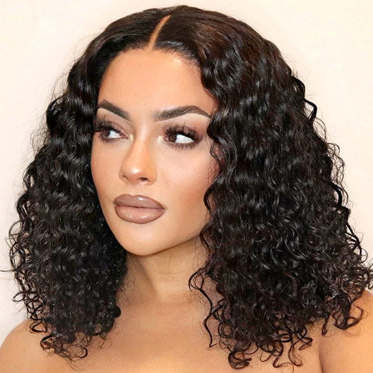 Casual Bouncy Curly 4x4 Closure Lace Glueless Mid Part Short Wig 100% Human Hair