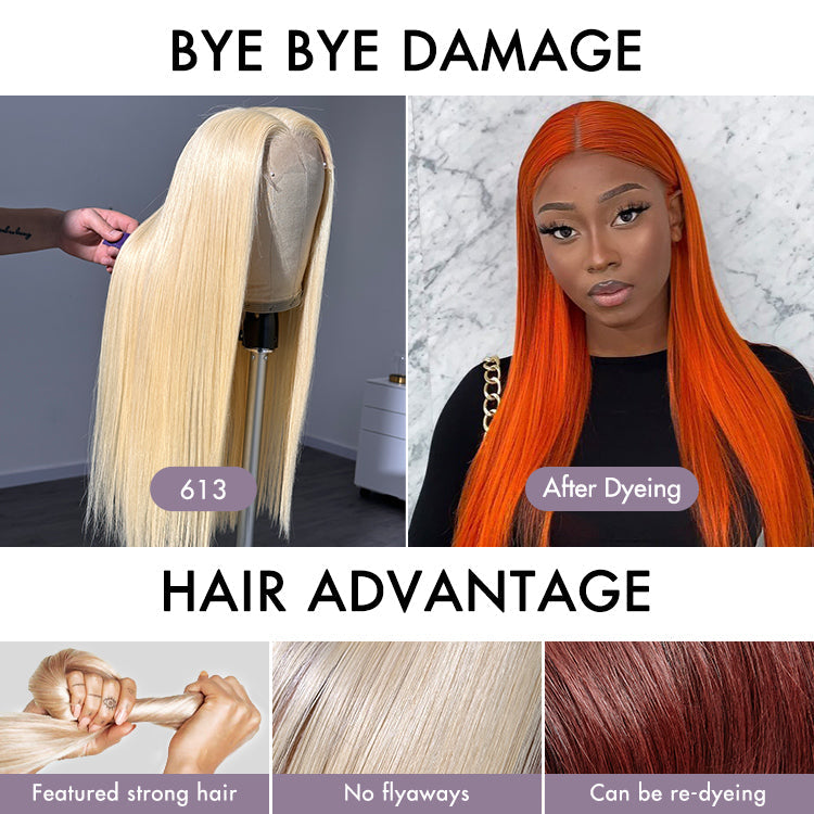 PreMax Wigs - 180% Density Easily Redyed 613 Silky Straight 5x5 Closure HD Lace Glueless Mid Part Long Wig Pre-cut & Plucked & Bleached