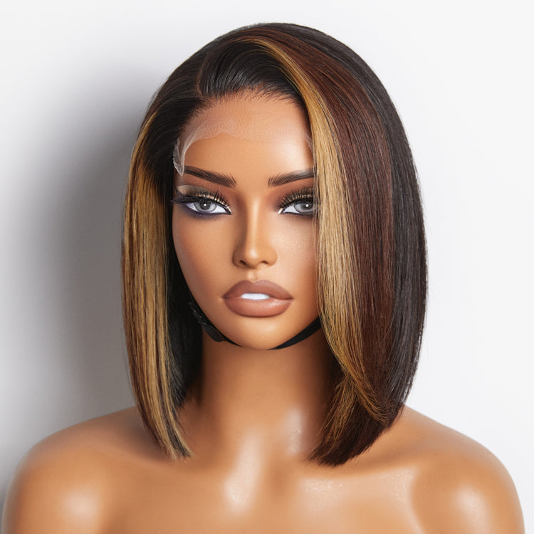Brown Blonde Combo Highlight Straight Glueless 5x5 Closure HD Lace Bob Wig | Large & Small Cap Size