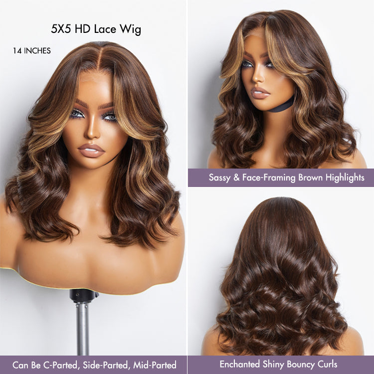 Face-Framing Brown Highlights Loose Wave Glueless 5x5 Closure HD Lace Wig - US Only
