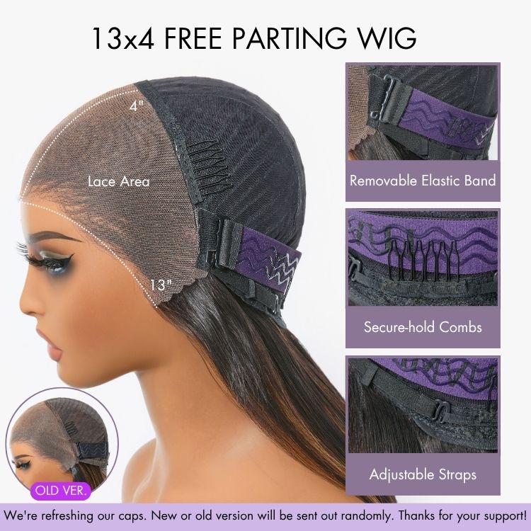 PreMax Wigs - Honey Brown with Blonde Highlights / Natural Black Bouncy Body Wave Glueless 13x4 Frontal Lace Human Hair Wig