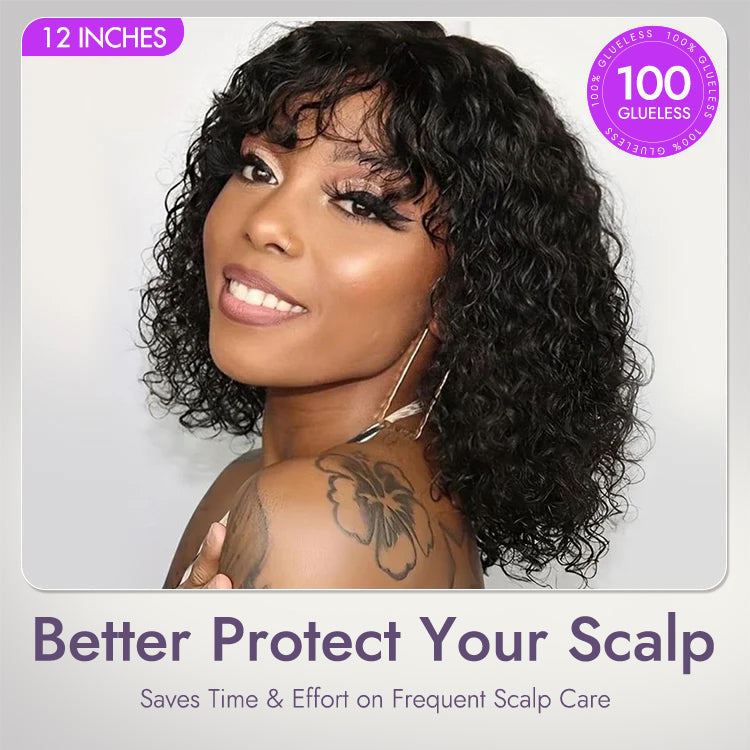 Beginner Friendly Water Wave Minimalist Lace Glueless Short Curly Wig with Bangs