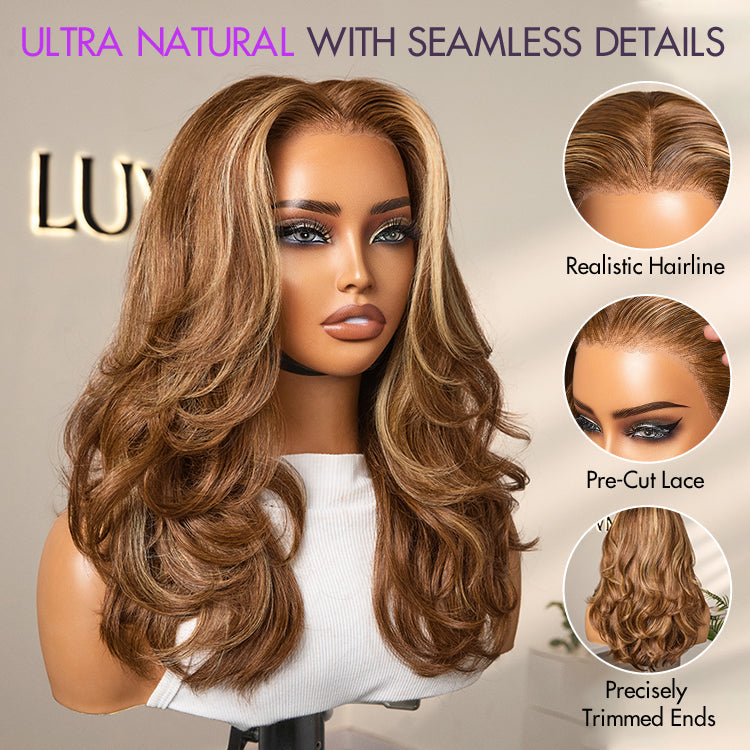 PreMax Wigs - Honey Brown with Blonde Highlights / Natural Black Bouncy Body Wave Glueless 13x4 Frontal Lace Human Hair Wig
