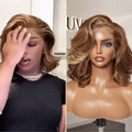 PreMax Wigs - Honey Brown with Blonde Highlights / Natural Black Bouncy Body Wave Glueless 13x4 Frontal Lace Human Hair Wig