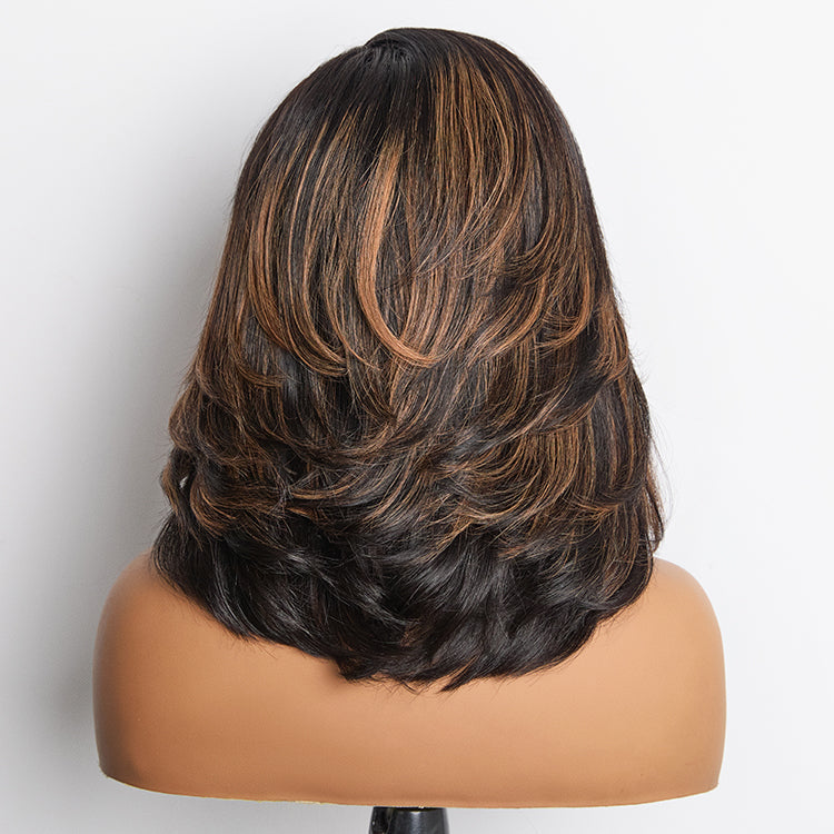 Brown Highlight Layered Wavy Butterfly Haircut Glueless Minimalist HD Lace Wig Pre-Cut Lace