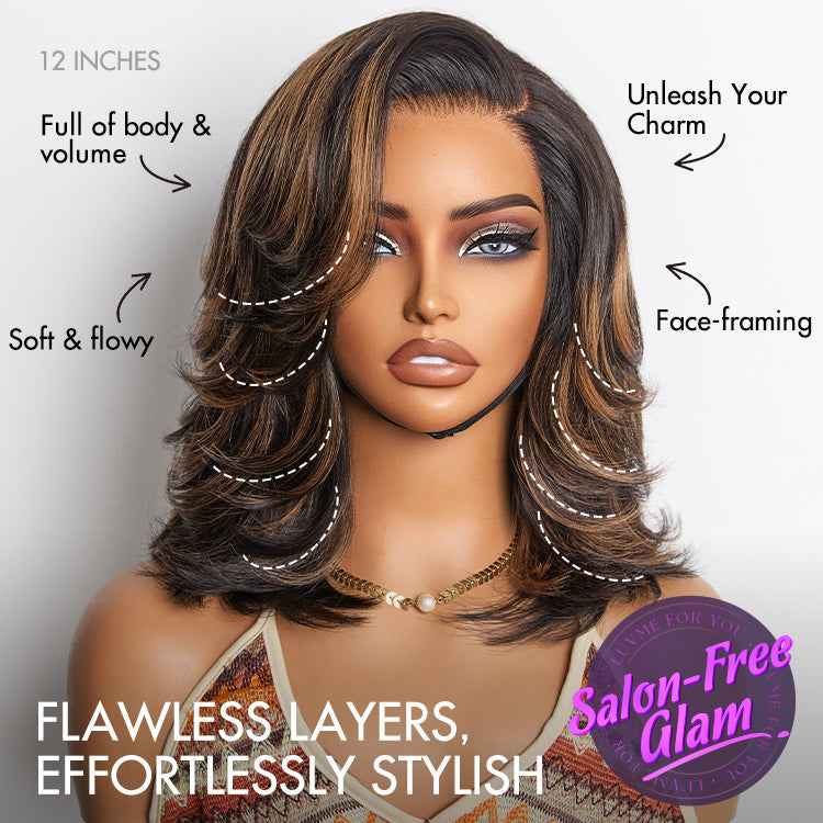Brown Highlight Layered Wavy Butterfly Haircut Glueless Minimalist HD Lace Wig Pre-Cut Lace