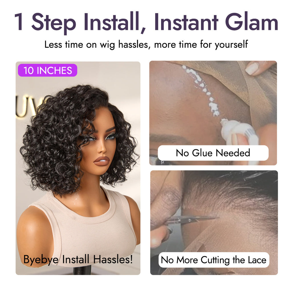 Ready to Go Water Wave Short Curly Bob Wig Glueless Minimalist HD Lace Wig Pre-Cut Lace