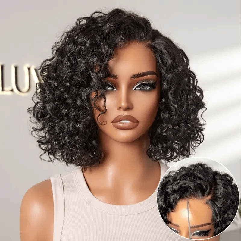Ready to Go Blonde Highlight / Natural Black / Ombre Brown Water Wave Short Curly Bob Wig Glueless Minimalist HD Lace Wig Pre-Cut Lace