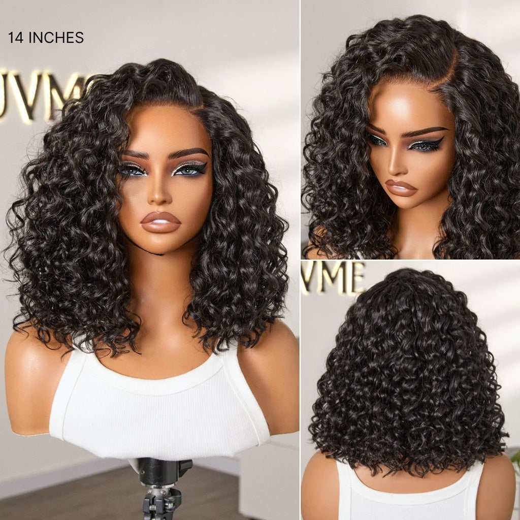 Ready to Go Blonde Highlight / Natural Black / Ombre Brown Water Wave Short Curly Bob Wig Glueless Minimalist HD Lace Wig Pre-Cut Lace