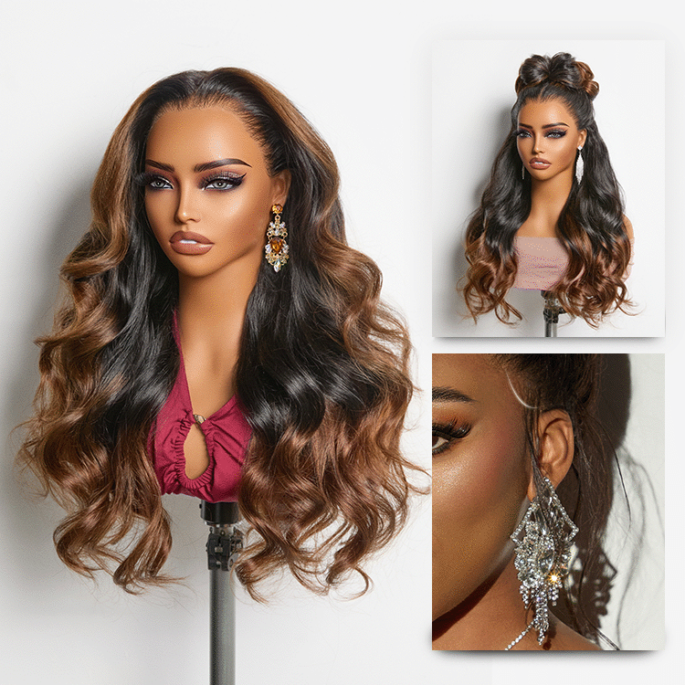 Luvme Hair-NatureMAX™ 200% Density Ombre Brown / Natural Black Loose Wave Glueless 13x6 / 13x4 HD Lace Front Wig Human Hair Pre-Cut Lace Flexi-Fit Drawstring Cap