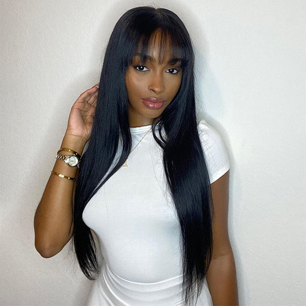 Long Silky Bone Straight Lace 4x4 Closure Wig With Bangs