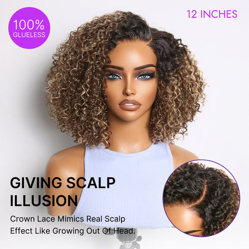 Blonde Highlight Short Cut Kinky Curly Minimalist HD Lace Glueless Wig Pre-Cut Lace