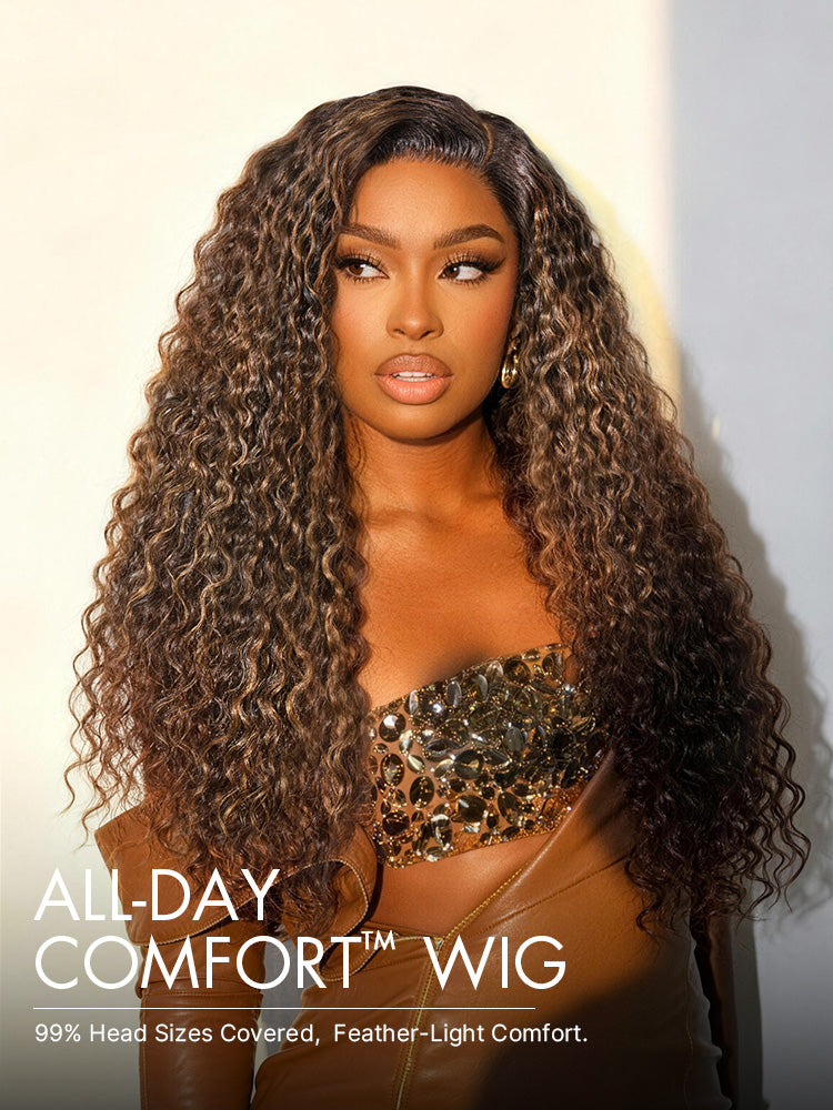 Luvme All-Day Comfort™ Wig PartingMax Brown Highlights Funmi Curly 7x6 Closure HD Lace Glueless Wig Pre Cut Lace