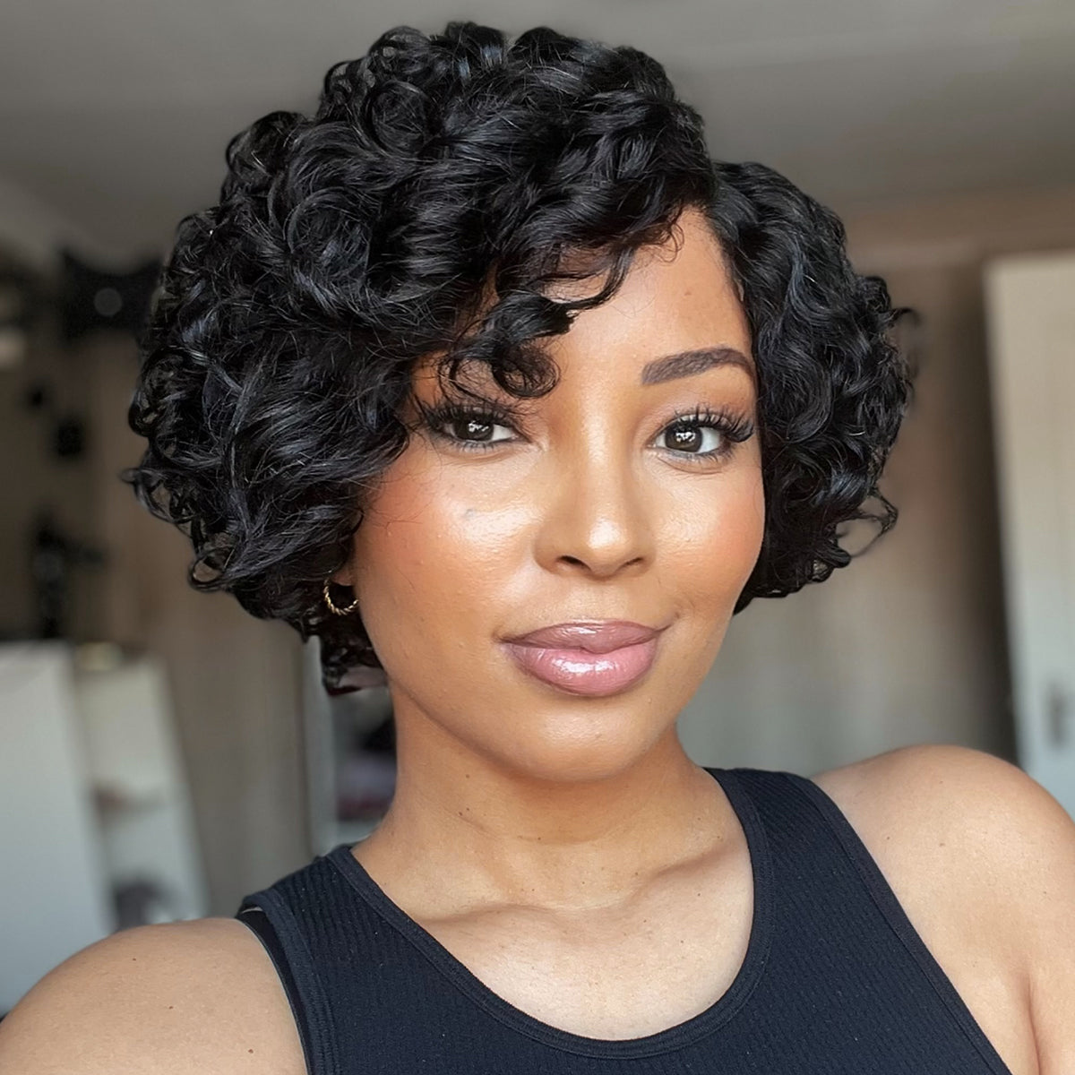 Natural Black / Brown Highlight Water Wave Pixie Cut Glueless Minimalist HD Lace Short Curly Wig