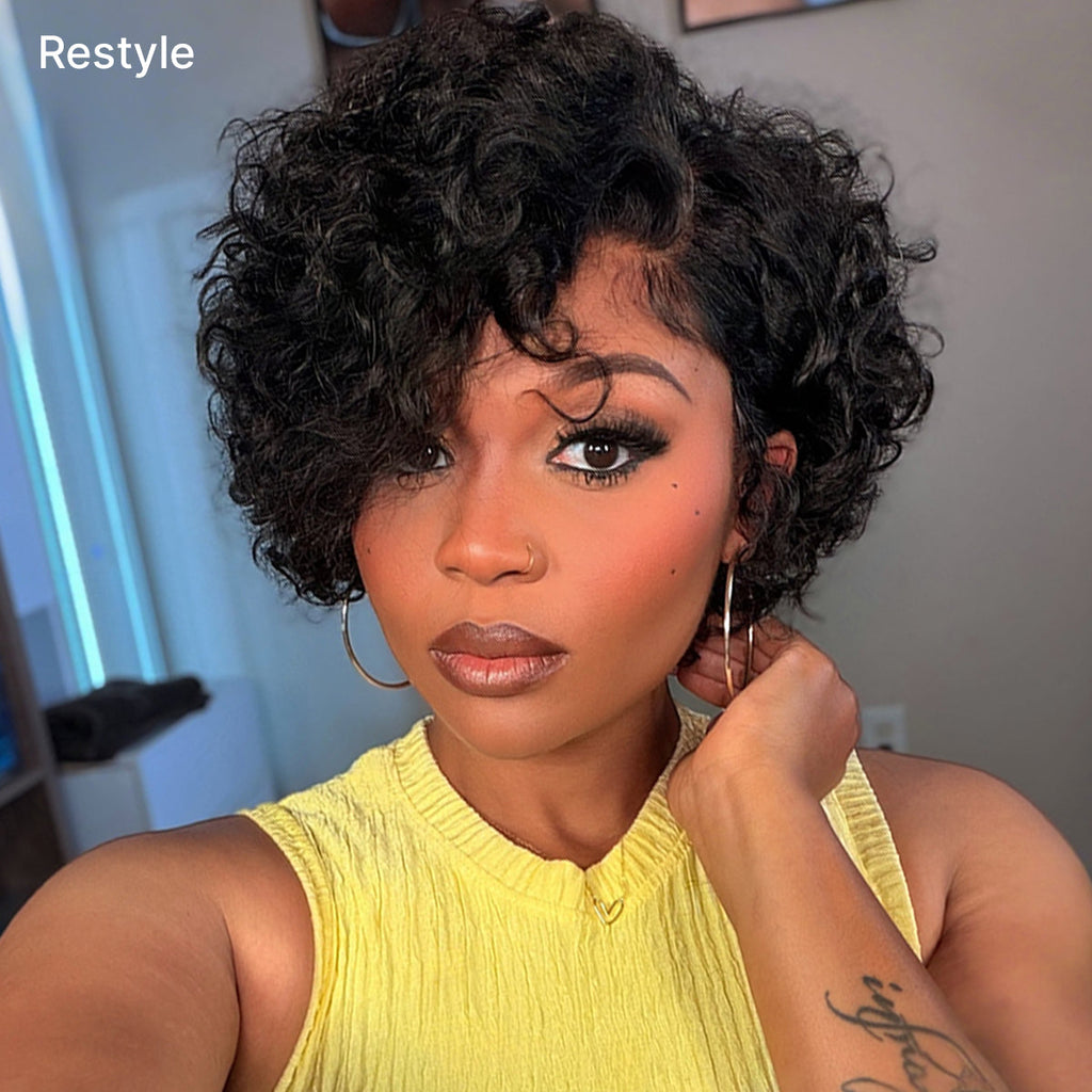 Natural Black / Brown Highlight Water Wave Pixie Cut Glueless Minimalist HD Lace Short Curly Wig