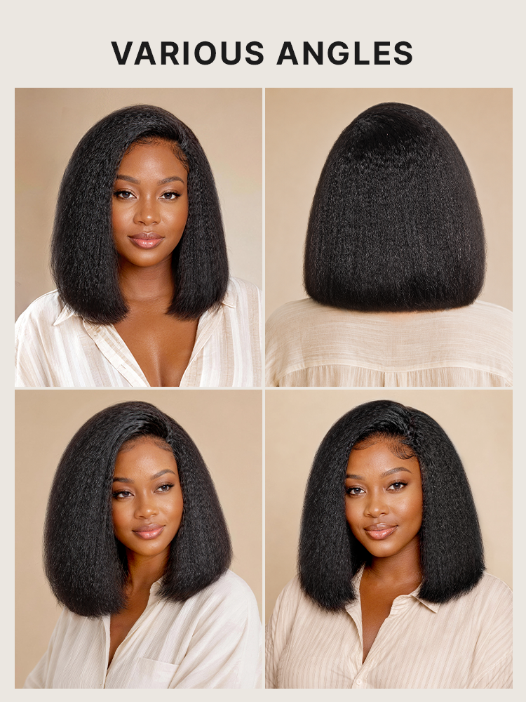 3-In-1 Half Wig 180% Density Kinky Straight Bob Glueless Flexi-Fit Drawstring Wig