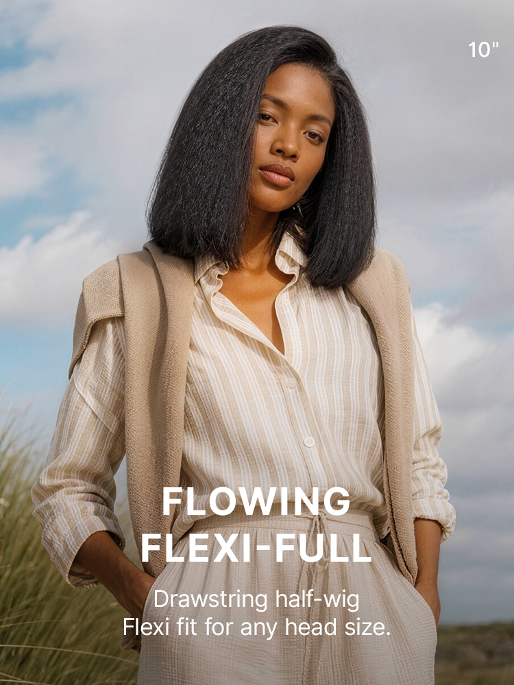 3-In-1 Half Wig 180% Density Kinky Straight Bob Glueless Flexi-Fit Drawstring Wig