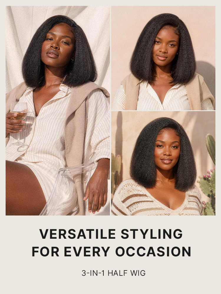 3-In-1 Half Wig 180% Density Kinky Straight Bob Glueless Flexi-Fit Drawstring Wig