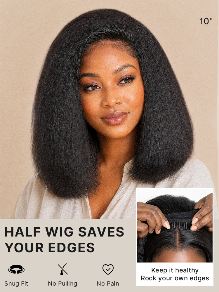 3-In-1 Half Wig 180% Density Kinky Straight Bob Glueless Flexi-Fit Drawstring Wig
