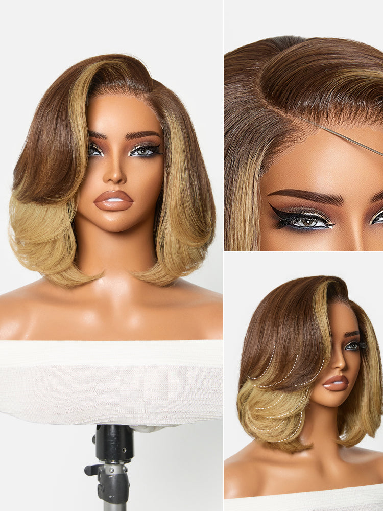 Honey Blonde Face-Framing Highlights Blow Out Layered Cut Glueless 5x5 Closure Lace Bob Wig Pre-cut Lace