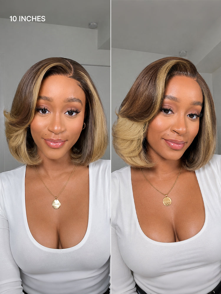 Honey Blonde Face-Framing Highlights Blow Out Layered Cut Glueless 5x5 Closure Lace Bob Wig Pre-cut Lace