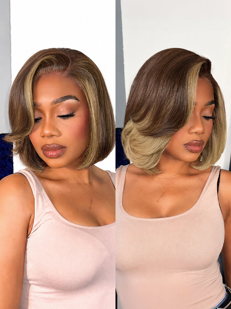 Honey Blonde Face-Framing Highlights Blow Out Layered Cut Glueless 5x5 Closure Lace Bob Wig Pre-cut Lace