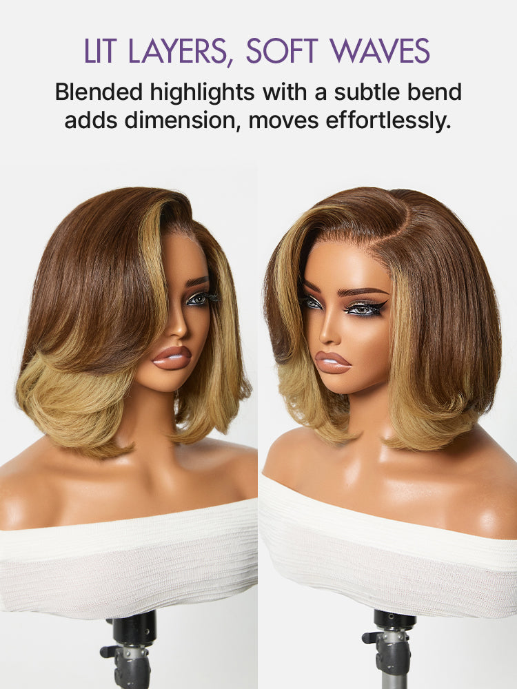 Honey Blonde Face-Framing Highlights Blow Out Layered Cut Glueless 5x5 Closure Lace Bob Wig Pre-cut Lace