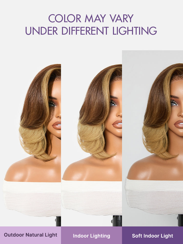 Honey Blonde Face-Framing Highlights Blow Out Layered Cut Glueless 5x5 Closure Lace Bob Wig Pre-cut Lace