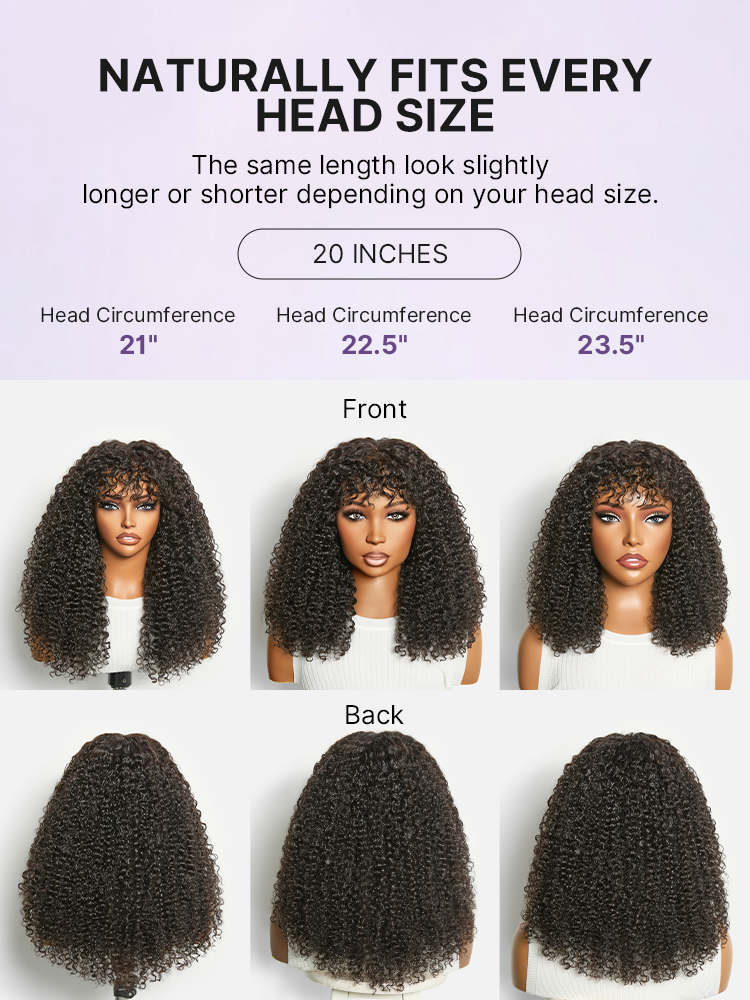 Beginner Friendly 200% Density Kinky Curly with Bangs Glueless 5x5 Closure Pre-Cut Lace Wig All Head Sizes Fit Cap