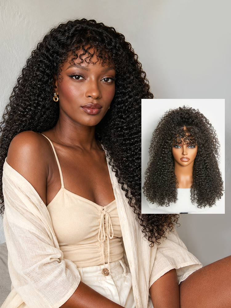 Beginner Friendly 200% Density Kinky Curly with Bangs Glueless 5x5 Closure Pre-Cut Lace Wig All Head Sizes Fit Cap