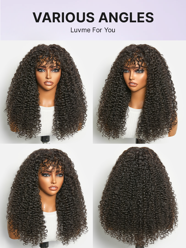 Beginner Friendly 200% Density Kinky Curly with Bangs Glueless 5x5 Closure Pre-Cut Lace Wig All Head Sizes Fit Cap