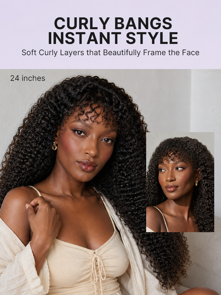 Beginner Friendly 200% Density Kinky Curly with Bangs Glueless 5x5 Closure Pre-Cut Lace Wig All Head Sizes Fit Cap