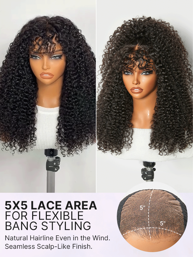 Beginner Friendly 200% Density Kinky Curly with Bangs Glueless 5x5 Closure Pre-Cut Lace Wig All Head Sizes Fit Cap