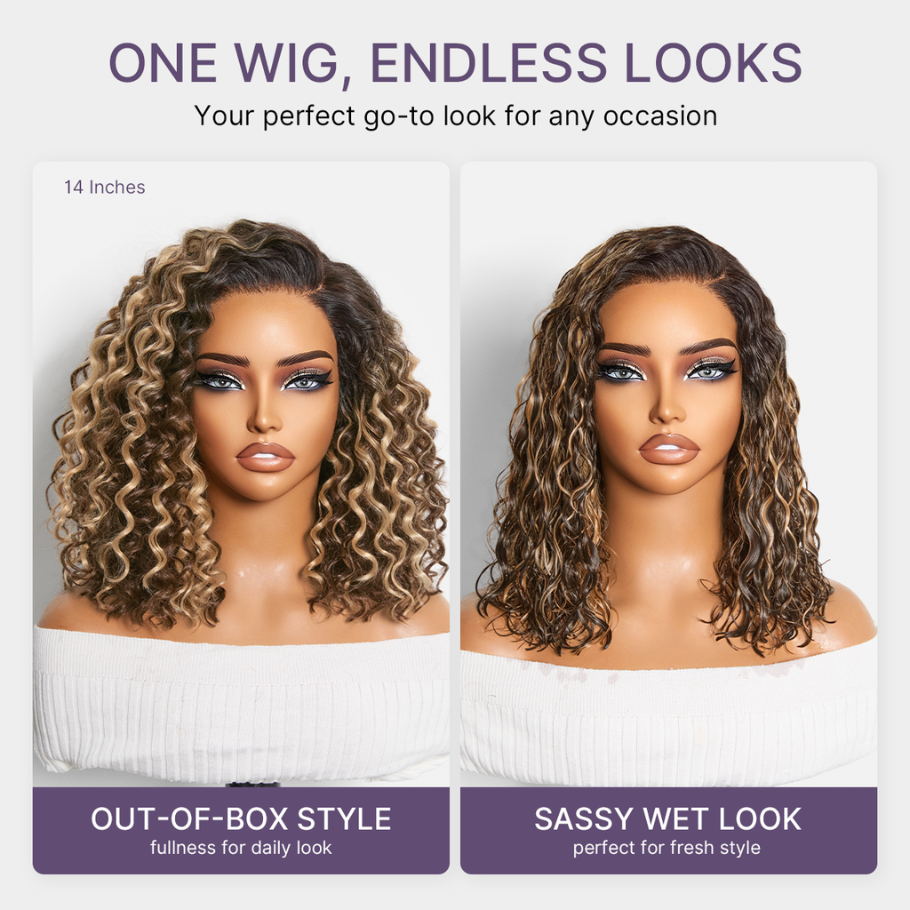 Ready to Go Blonde Highlight / Natural Black / Ombre Brown Water Wave Short Curly Bob Wig Glueless Minimalist HD Lace Wig Pre-Cut Lace