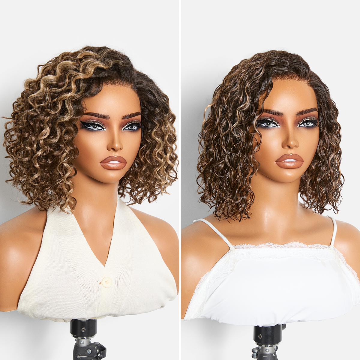 Ready to Go Blonde Highlight / Natural Black / Ombre Brown Water Wave Short Curly Bob Wig Glueless Minimalist HD Lace Wig Pre-Cut Lace