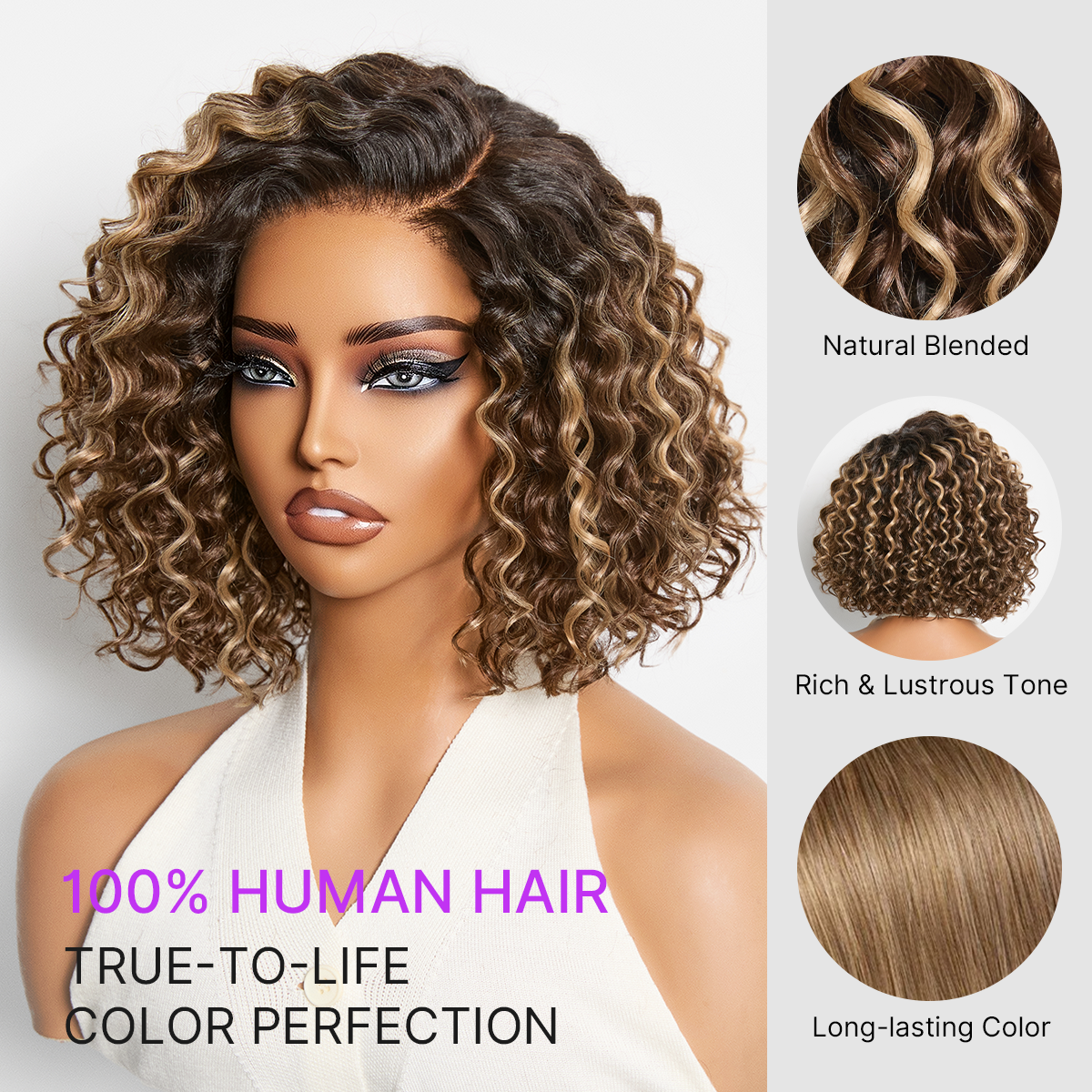 Ready to Go Blonde Highlight / Natural Black / Ombre Brown Water Wave Short Curly Bob Wig Glueless Minimalist HD Lace Wig Pre-Cut Lace