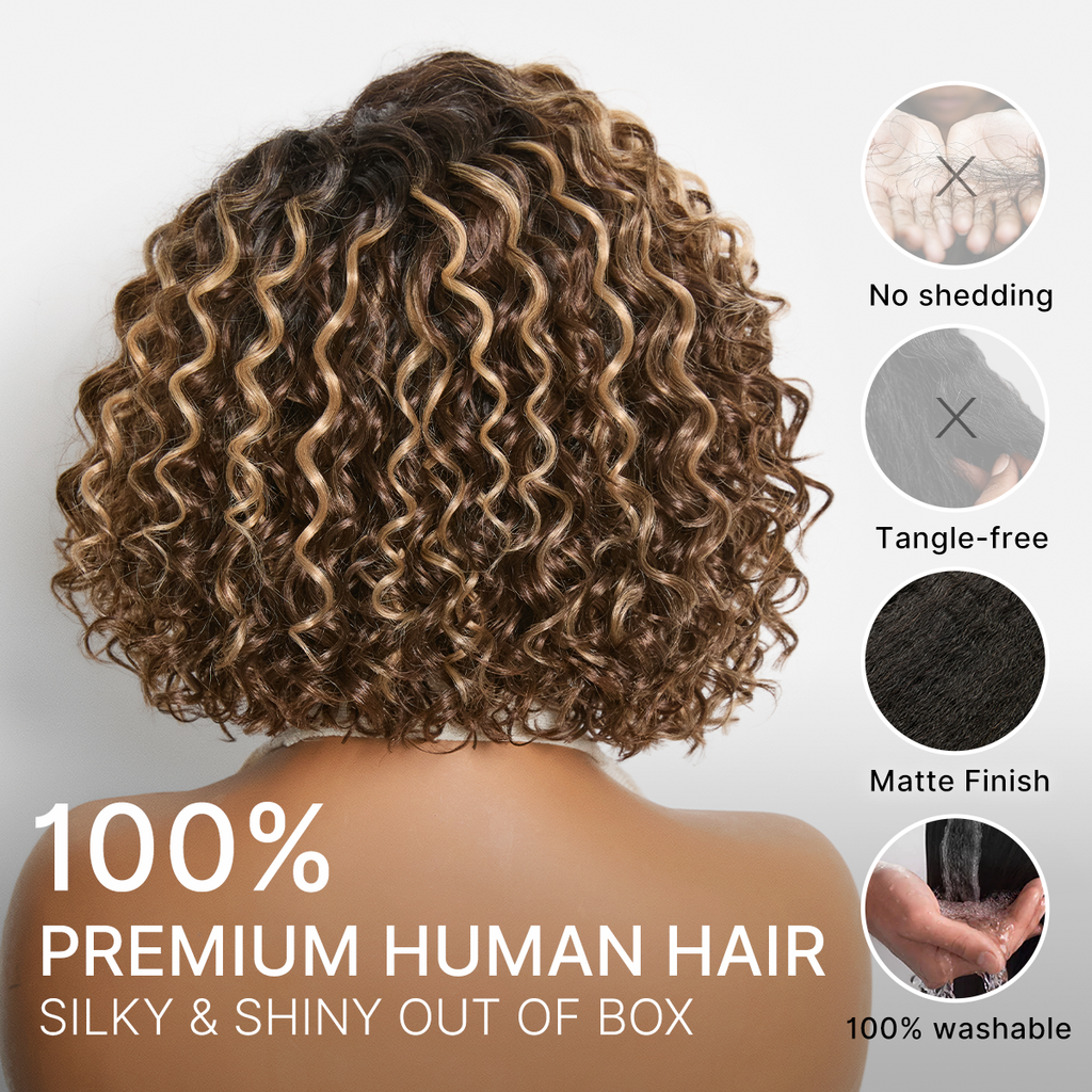 Ready to Go Blonde Highlight / Natural Black / Ombre Brown Water Wave Short Curly Bob Wig Glueless Minimalist HD Lace Wig Pre-Cut Lace
