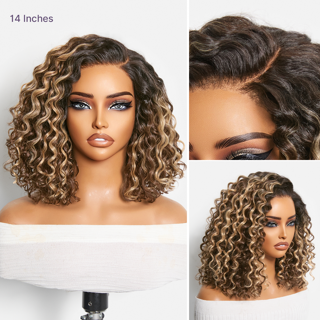Ready to Go Blonde Highlight / Natural Black / Ombre Brown Water Wave Short Curly Bob Wig Glueless Minimalist HD Lace Wig Pre-Cut Lace