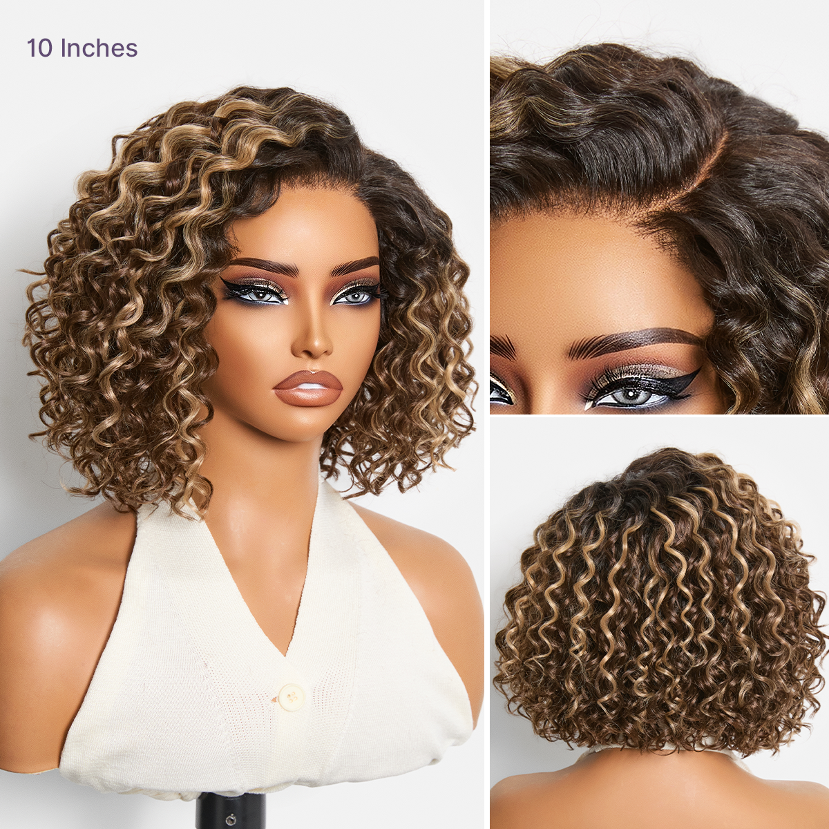 Ready to Go Blonde Highlight / Natural Black / Ombre Brown Water Wave Short Curly Bob Wig Glueless Minimalist HD Lace Wig Pre-Cut Lace