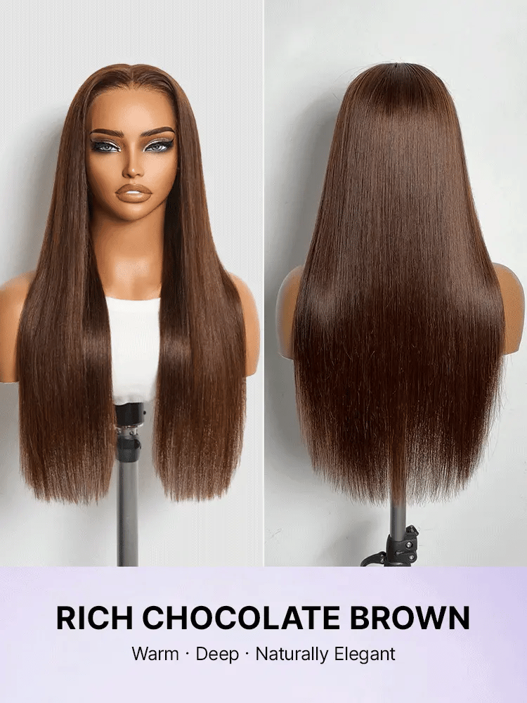 Rich Chocolate Brown Silky Straight 180% Density Glueless 13x4 Lace Frontal Wig Pre-Cut Lace