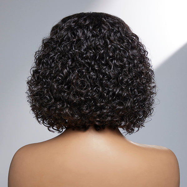 Casual Bouncy Curly 4x4 Closure Lace Glueless Short Wig with Bangs 100% Human Hair